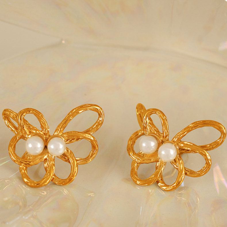 1 Pair Romantic Series Retro Flower Stainless Steel  Gold Color Plated Artificial Pearl Women's Stud Earrings h5 